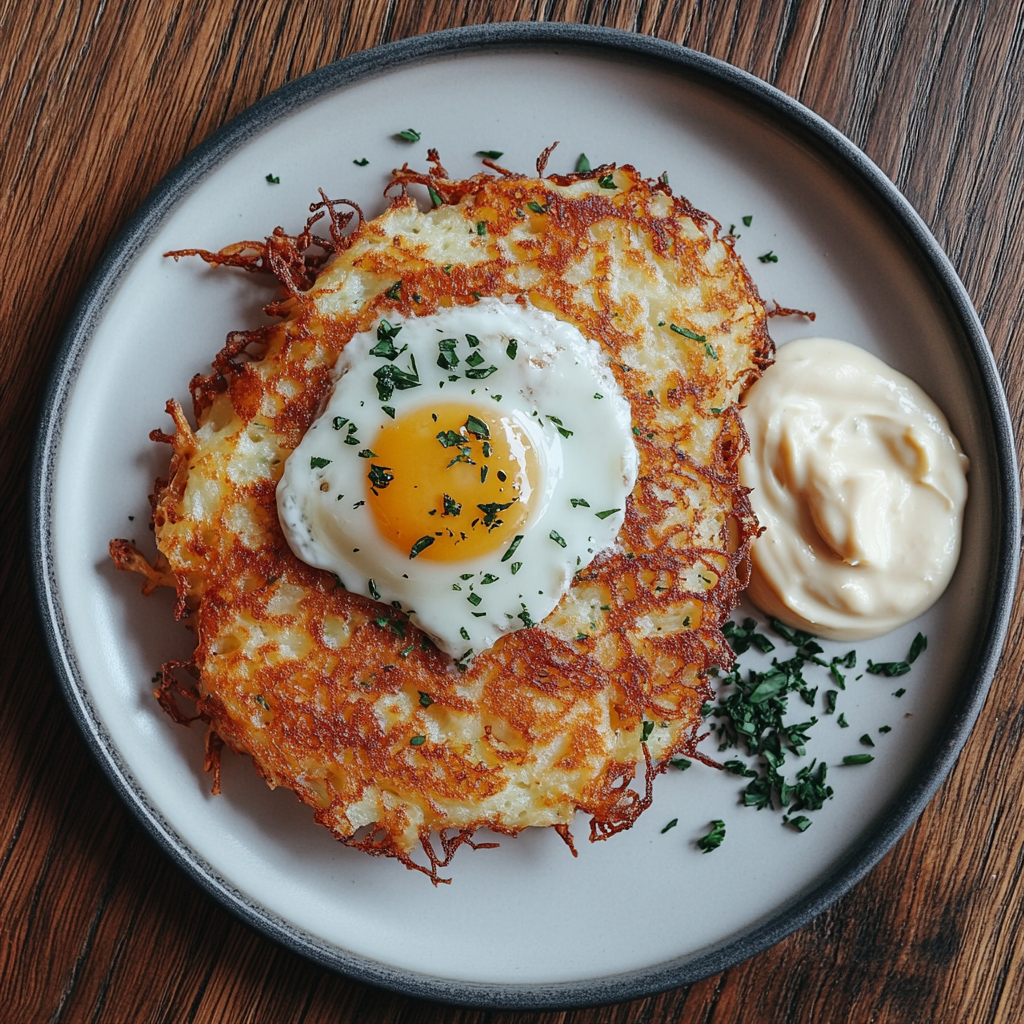 Golden-brown potato pancakes stacked on a plate with sour cream and applesauce, showcasing crispy texture and homemade flavor.2