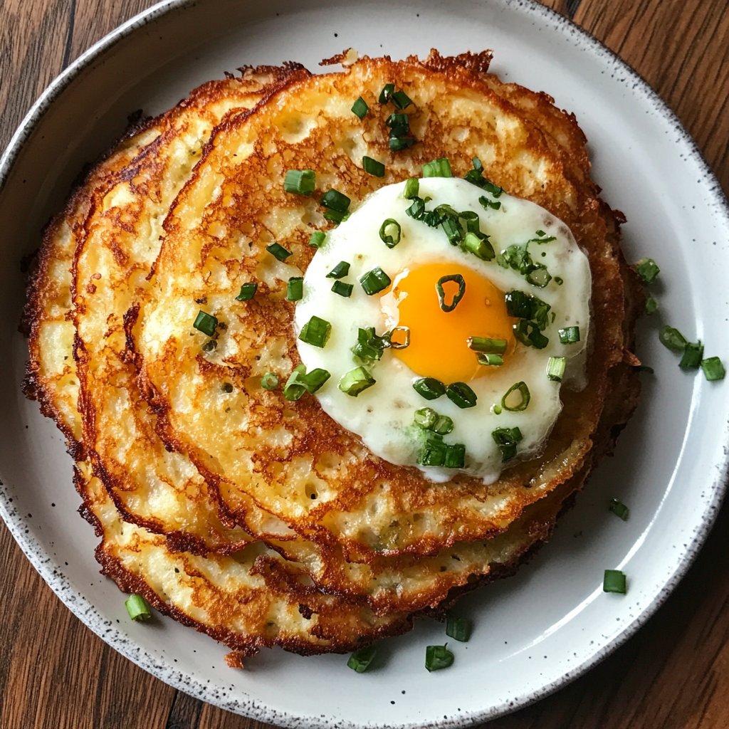 Golden-brown potato pancakes stacked on a plate with sour cream and applesauce, showcasing crispy texture and homemade flavor.1