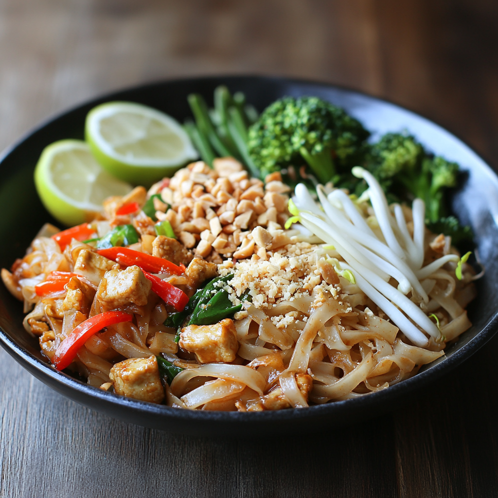 Colorful bowl of vegetarian Pad Thai with tofu, rice noodles, fresh vegetables, lime, and crushed peanuts, served as a meatless Thai stir-fry.1