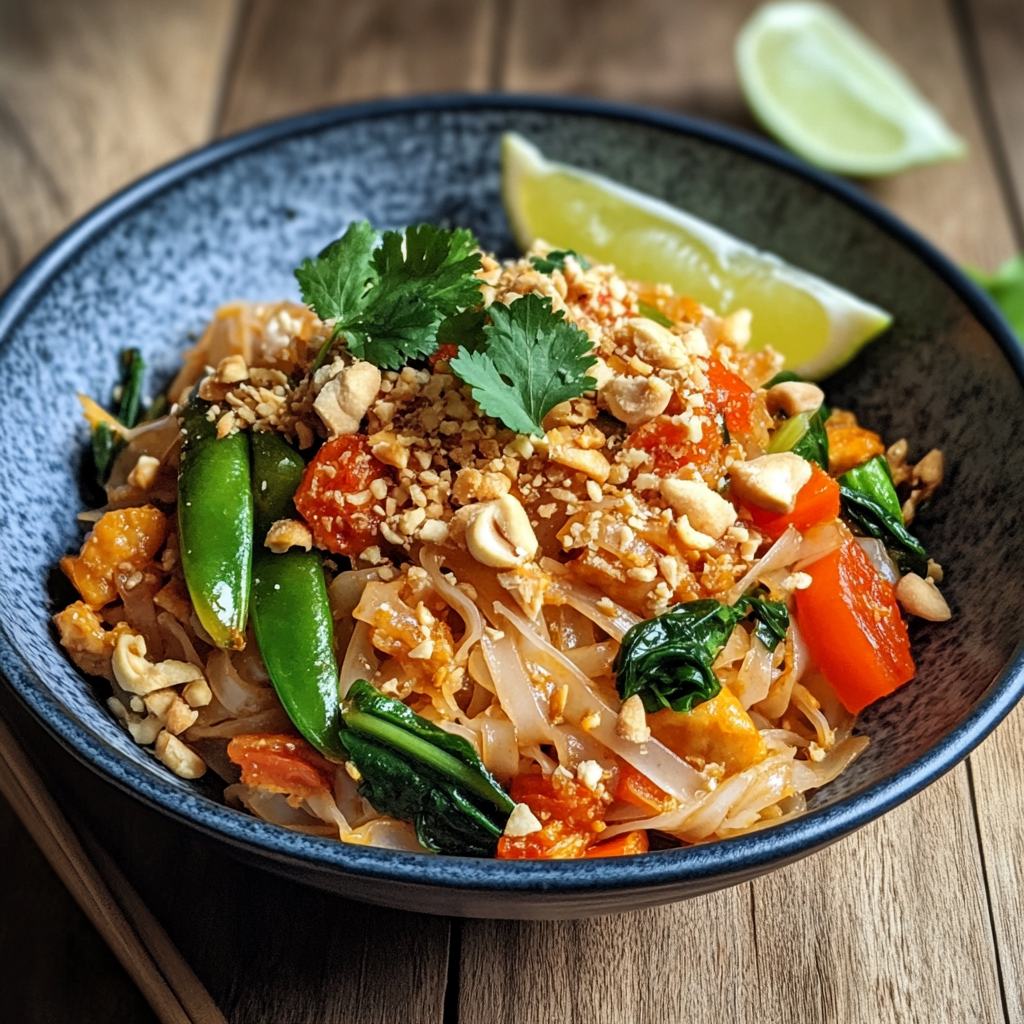 Colorful bowl of vegetarian Pad Thai with tofu, rice noodles, fresh vegetables, lime, and crushed peanuts, served as a meatless Thai stir-fry.4