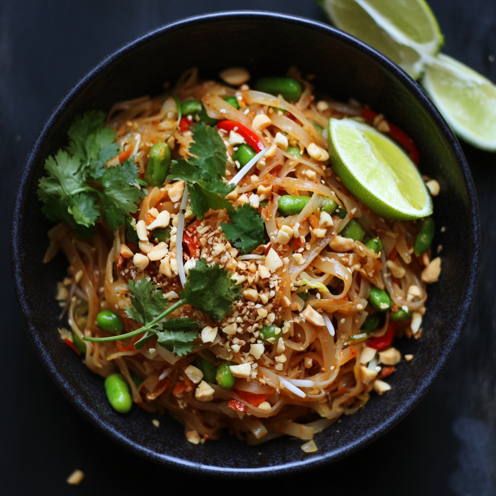 Colorful bowl of vegetarian Pad Thai with tofu, rice noodles, fresh vegetables, lime, and crushed peanuts, served as a meatless Thai stir-fry.3