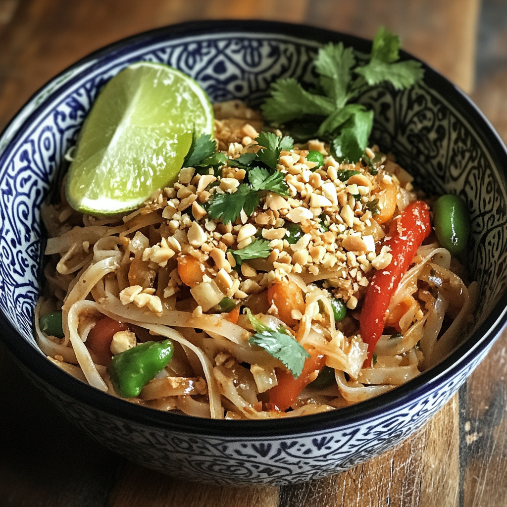 Colorful bowl of vegetarian Pad Thai with tofu, rice noodles, fresh vegetables, lime, and crushed peanuts, served as a meatless Thai stir-fry.2