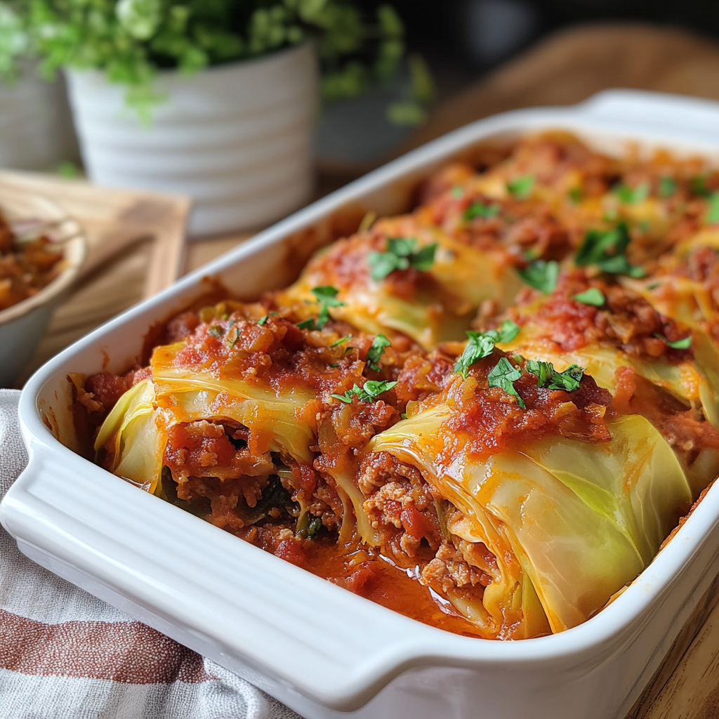 Baked cabbage roll casserole in a glass dish with tomato sauce and melted cheese on top, ready to serve.1