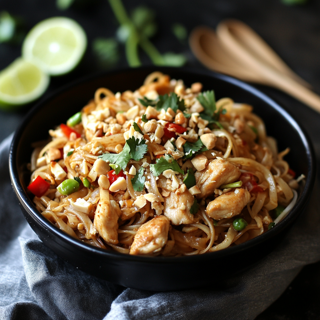Chicken Pad Thai served with lime, peanuts, and bean sprouts – a traditional Thai chicken noodle dish4