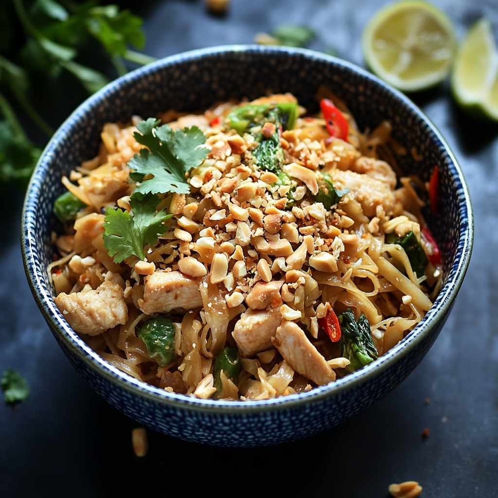 Chicken Pad Thai served with lime, peanuts, and bean sprouts – a traditional Thai chicken noodle dish3