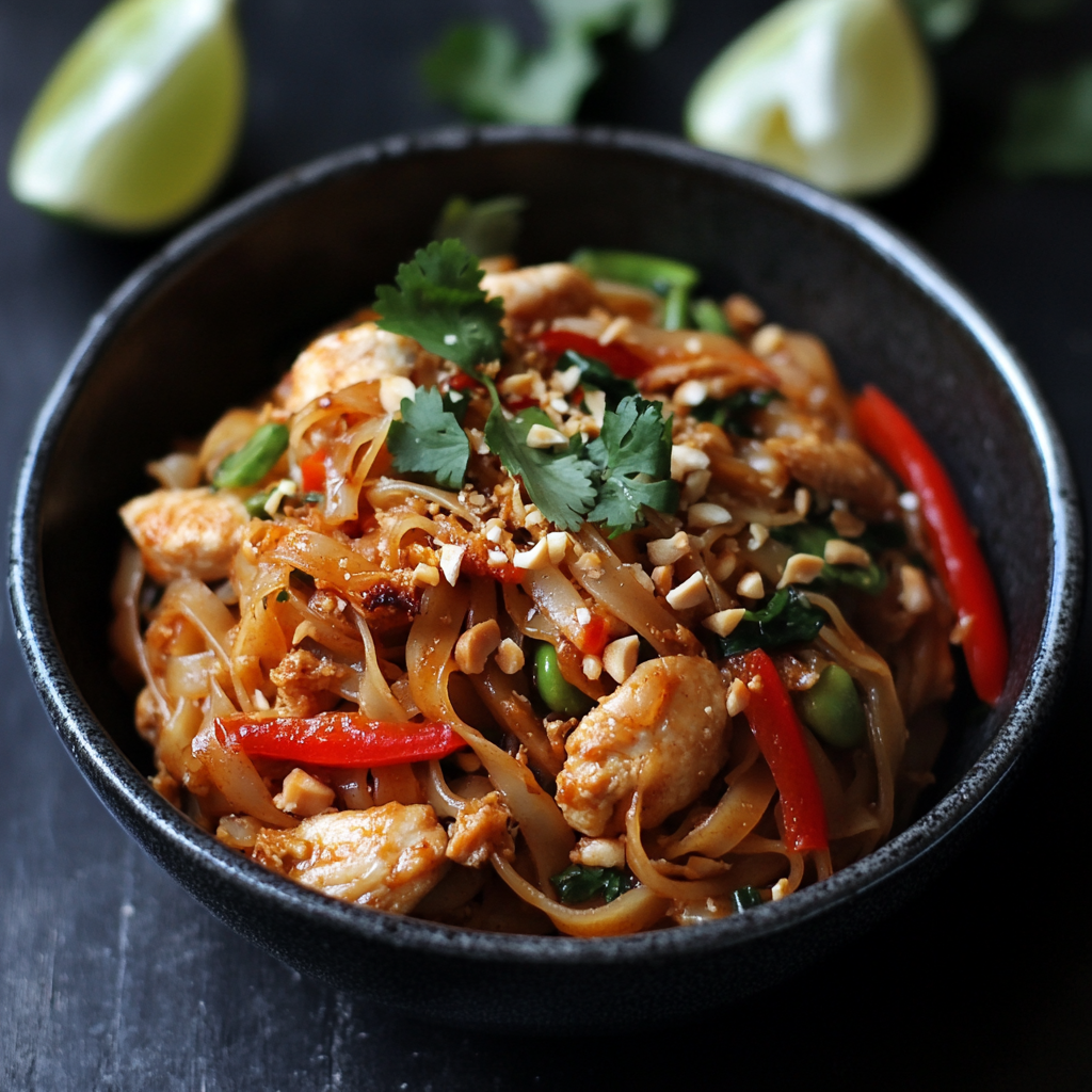 Chicken Pad Thai served with lime, peanuts, and bean sprouts – a traditional Thai chicken noodle dish2