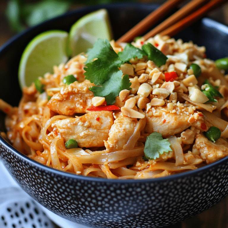 Chicken Pad Thai served with lime, peanuts, and bean sprouts – a traditional Thai chicken noodle dish1