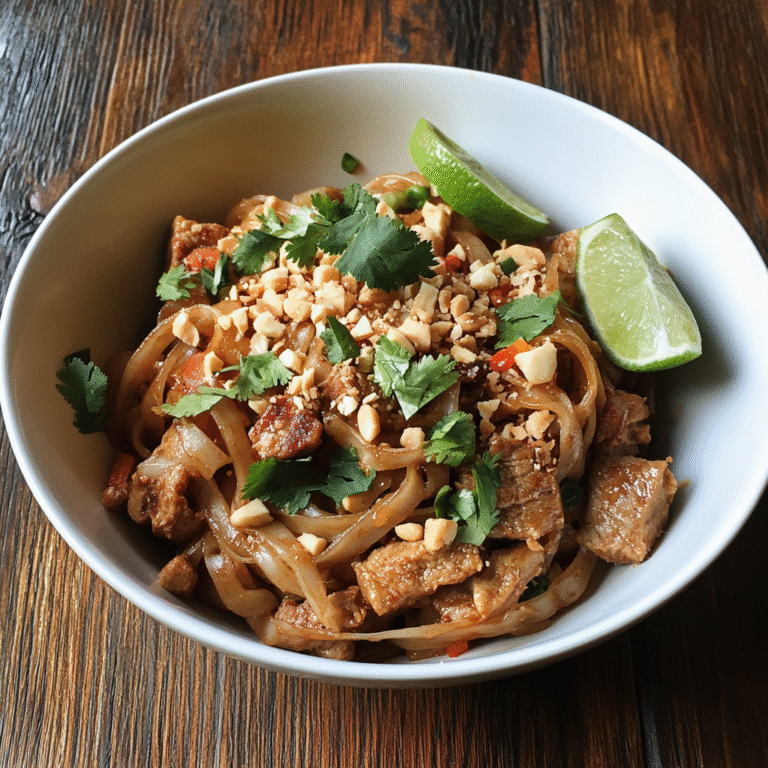 A plate of authentic Pork Pad Thai with noodles, pork slices, bean sprouts, peanuts, and lime—classic Thai stir-fry noodle recipe.1