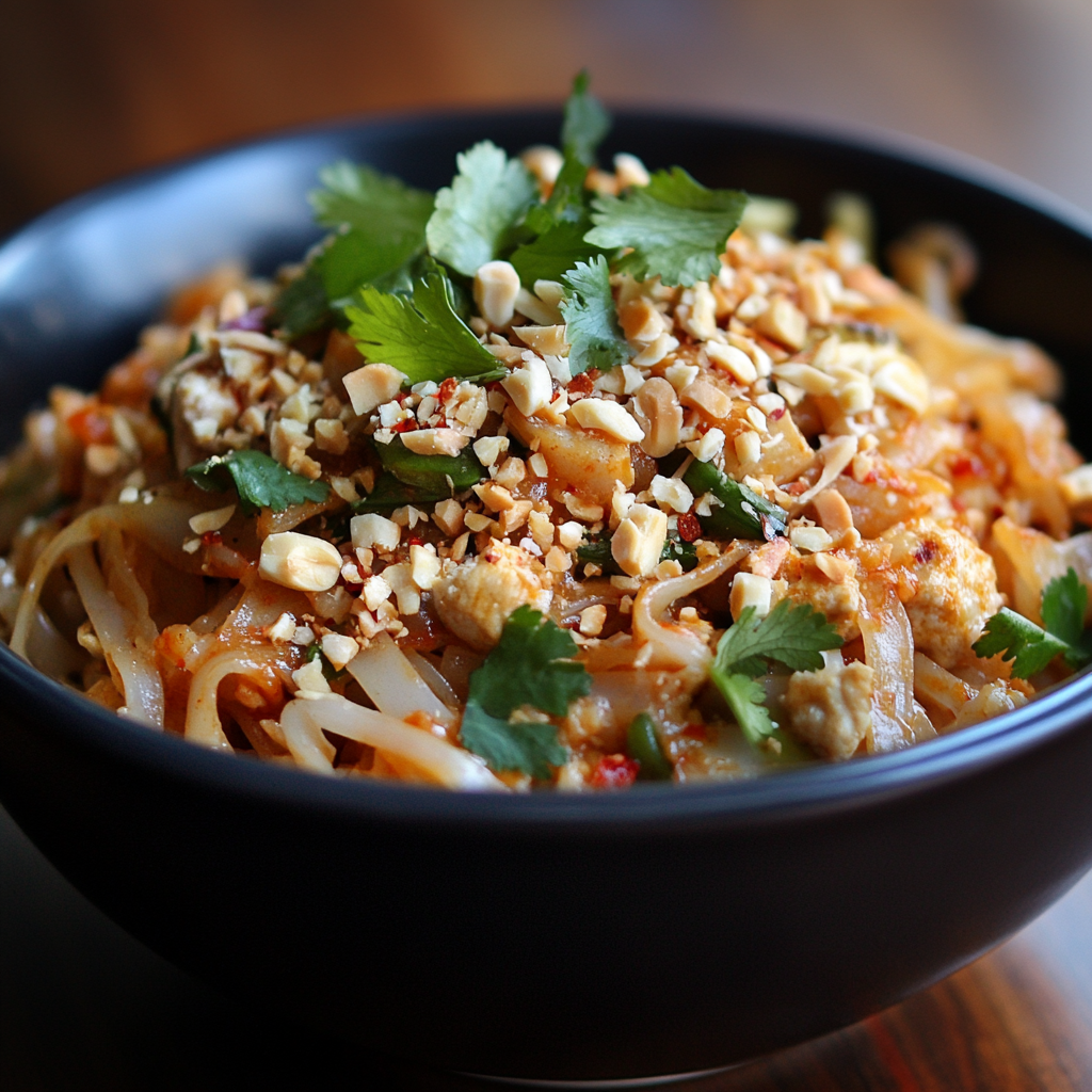 A plate of authentic Pork Pad Thai with noodles, pork slices, bean sprouts, peanuts, and lime—classic Thai stir-fry noodle recipe.2