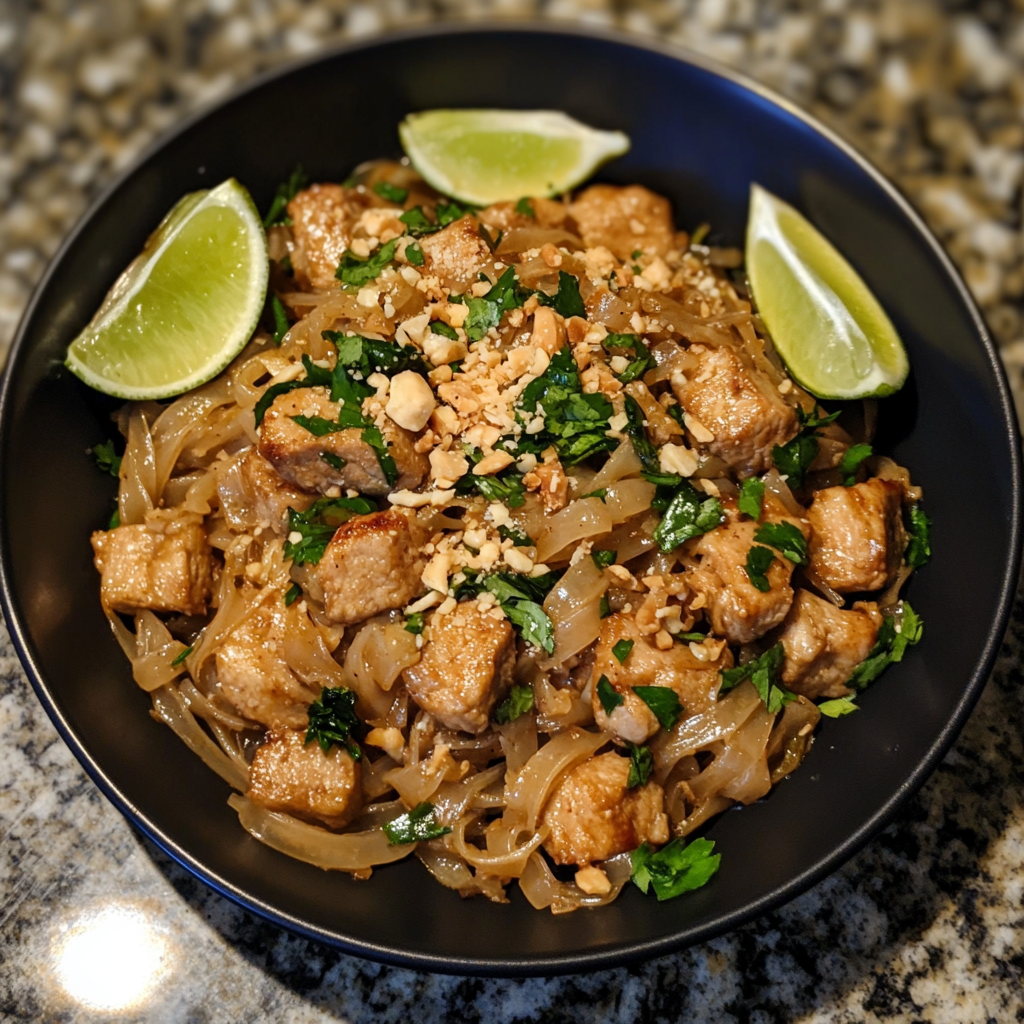 A plate of authentic Pork Pad Thai with noodles, pork slices, bean sprouts, peanuts, and lime—classic Thai stir-fry noodle recipe.4