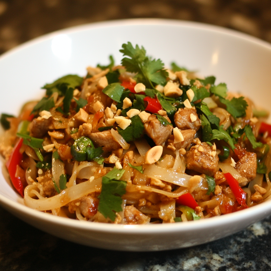 A plate of authentic Pork Pad Thai with noodles, pork slices, bean sprouts, peanuts, and lime—classic Thai stir-fry noodle recipe.3