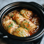 Slow cooker cabbage rolls served with tomato sauce – a hearty, comfort food classic made in the crockpot.1