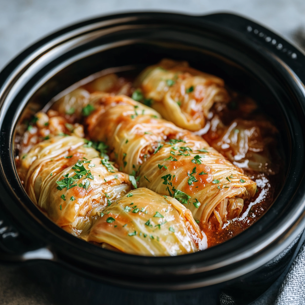 Slow cooker cabbage rolls served with tomato sauce – a hearty, comfort food classic made in the crockpot.1