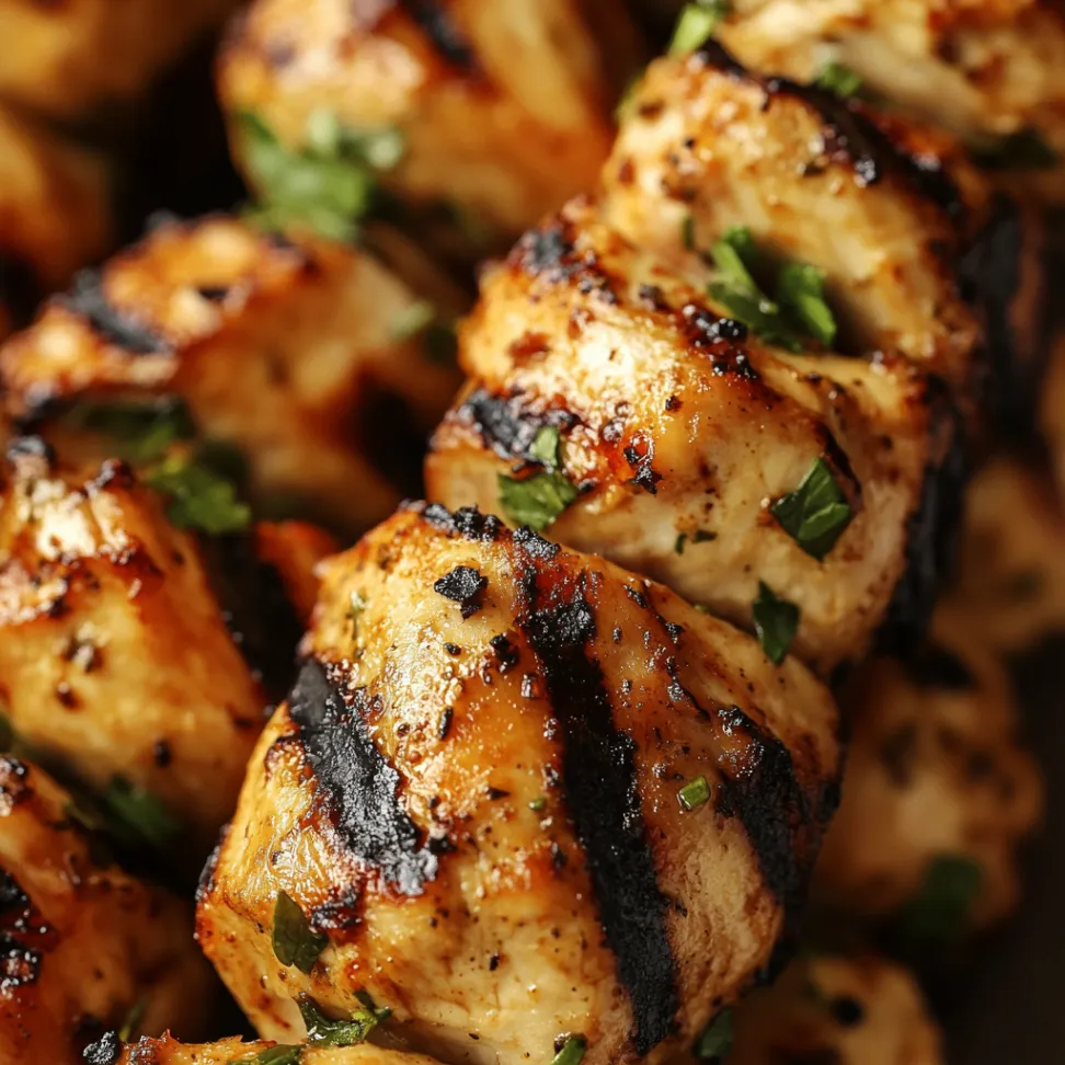 Close-up of grilled chicken kabob showing perfectly caramelized chicken with herbs and grill marks, demonstrating juicy tender texture