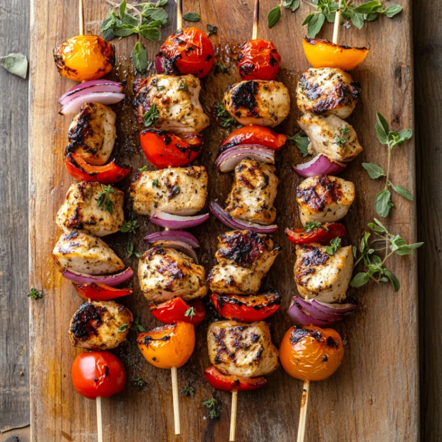 Perfect grilled chicken kabobs with colorful vegetables on wooden serving board, showing juicy marinated chicken skewers with bell peppers and onions