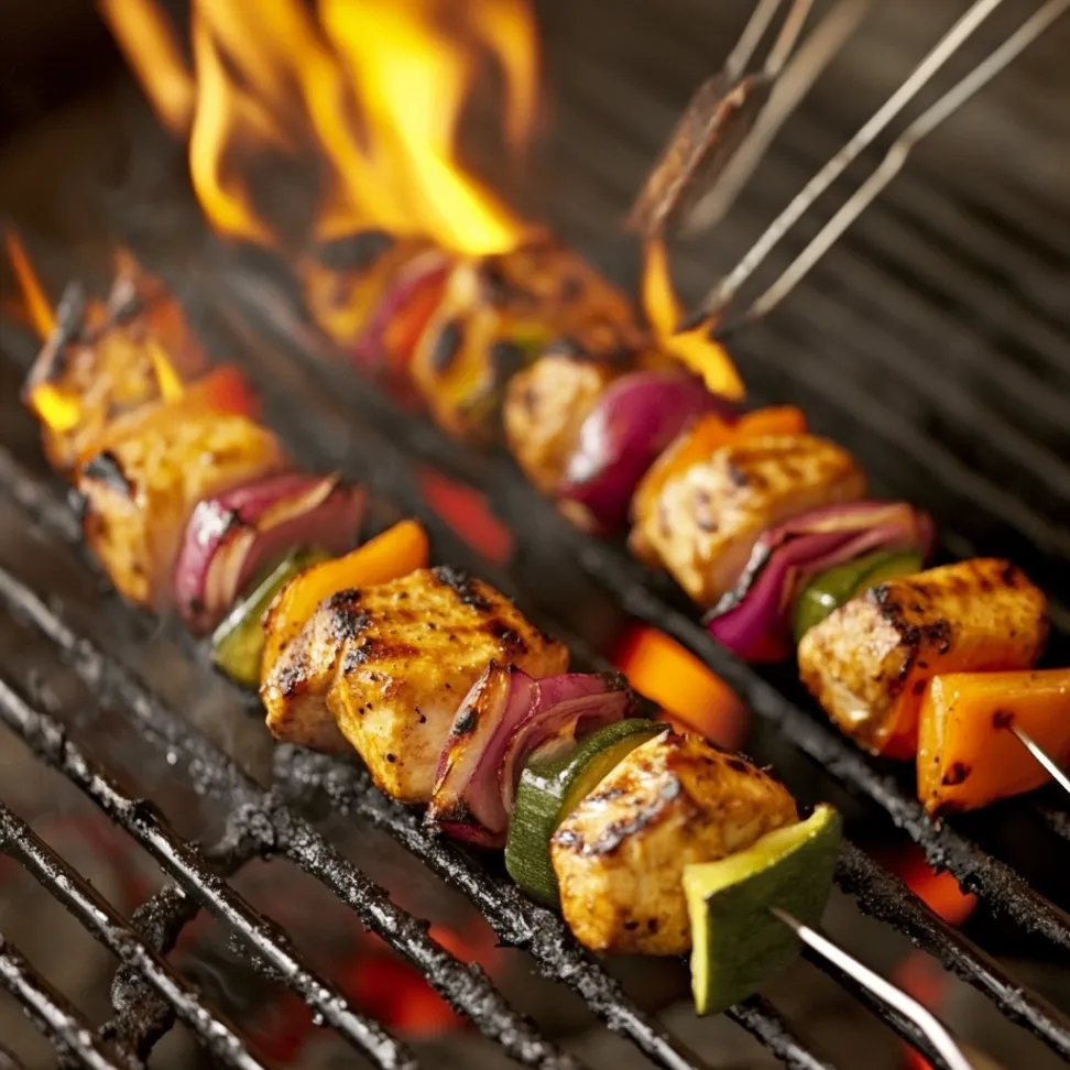 Chicken kabobs being grilled on barbecue with flames and smoke, showing proper grilling technique for perfect BBQ chicken skewers
