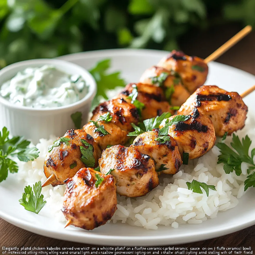 Elegantly plated chicken kabobs served over rice pilaf with tzatziki sauce, showing complete meal presentation for grilled chicken skewer dinner