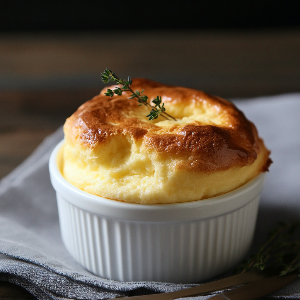 Golden, puffed-up cheese soufflé in a white ramekin — a classic French cheese soufflé recipe baked to perfection.4