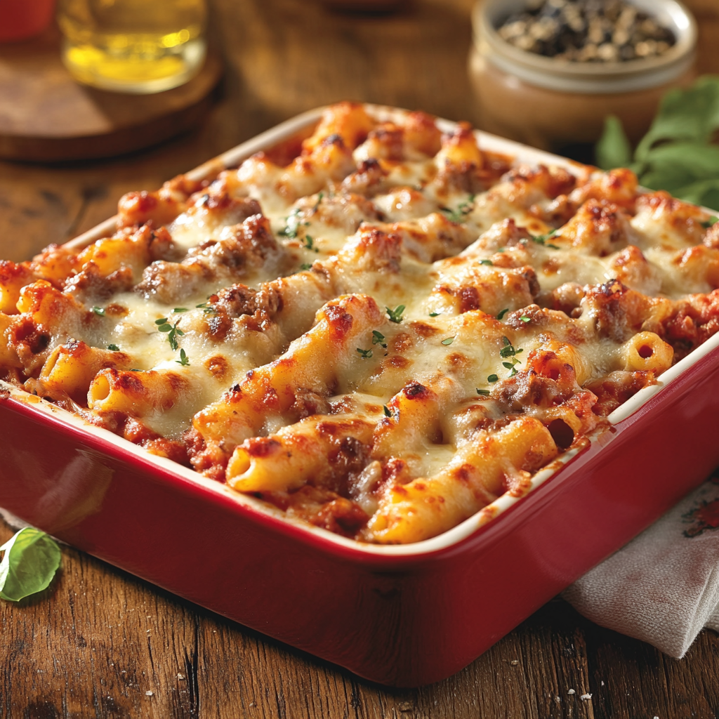Freshly baked ziti in a casserole dish with golden melted cheese – classic baked ziti recipe1