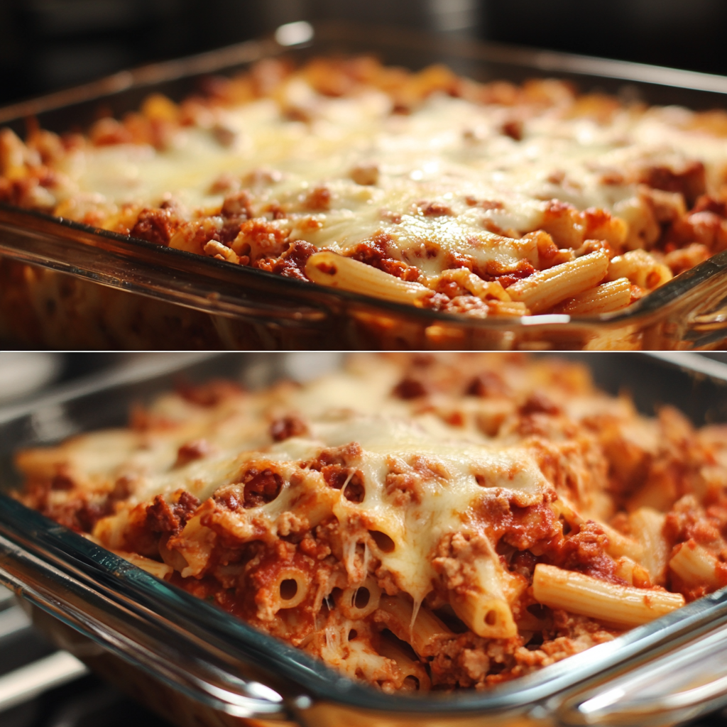 Freshly baked ziti in a casserole dish with golden melted cheese – classic baked ziti recipe4