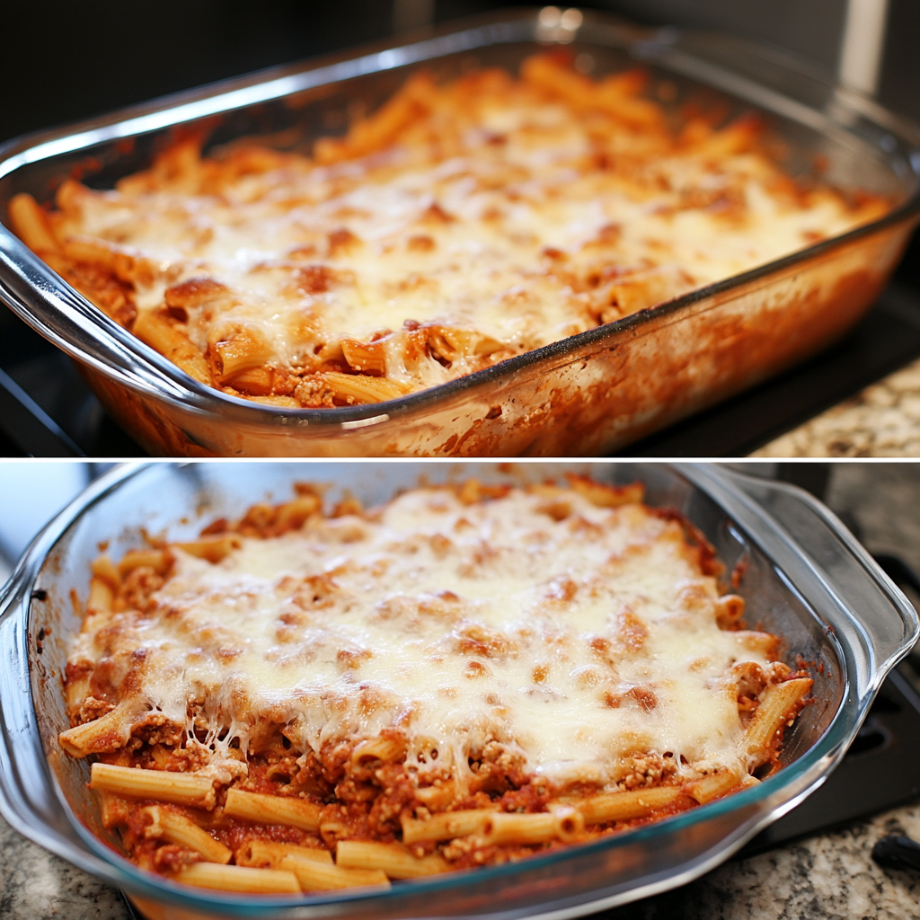 Freshly baked ziti in a casserole dish with golden melted cheese – classic baked ziti recipe3