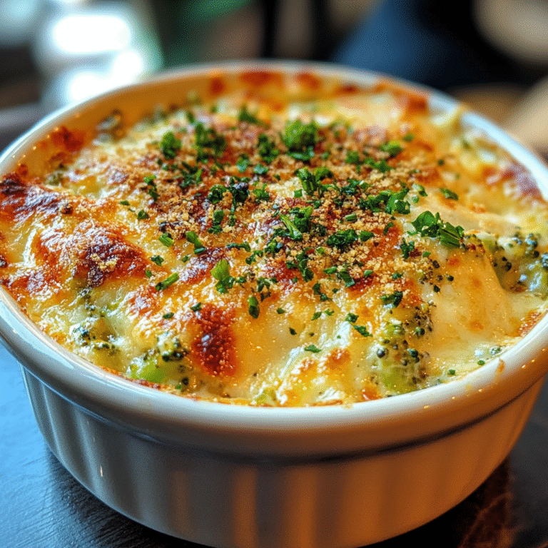 Freshly baked broccoli cheese casserole with golden breadcrumb topping in a white baking dish.1