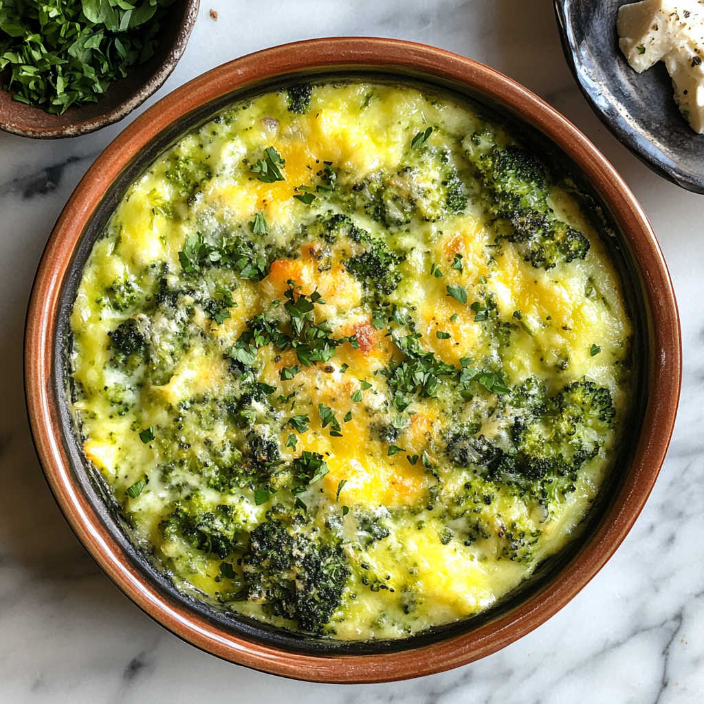 Freshly baked broccoli cheese casserole with golden breadcrumb topping in a white baking dish.4