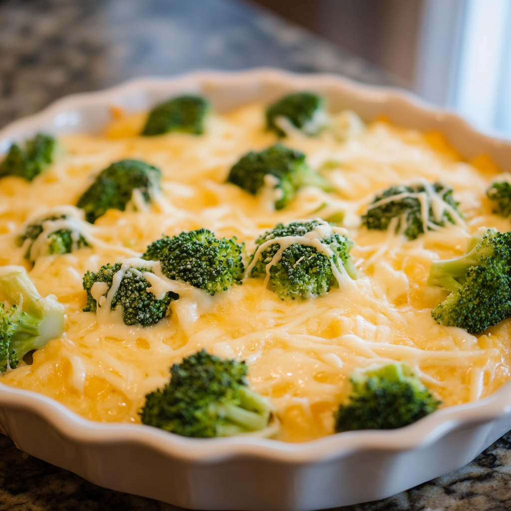 Freshly baked broccoli cheese casserole with golden breadcrumb topping in a white baking dish.2