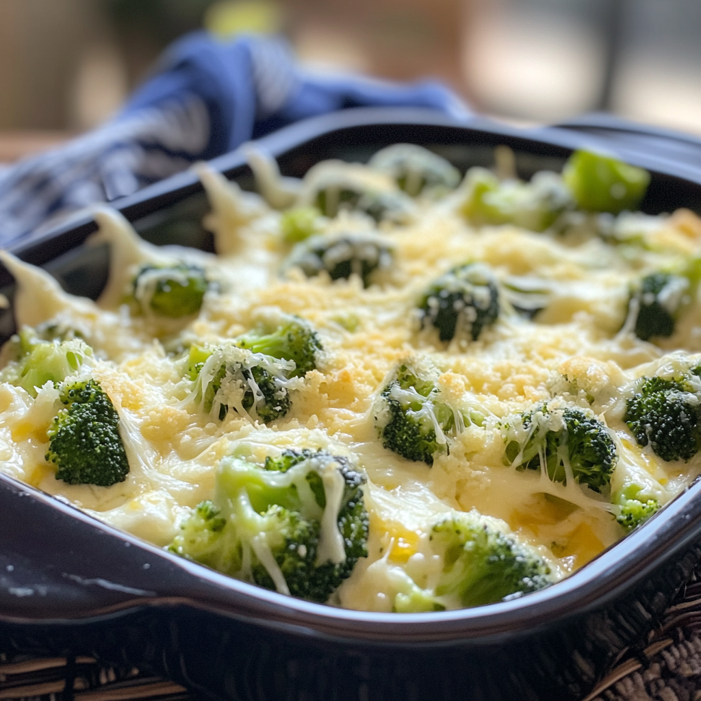 Freshly baked broccoli cheese casserole with golden breadcrumb topping in a white baking dish.3
