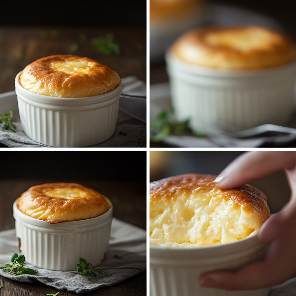 Golden, puffed-up cheese soufflé in a white ramekin — a classic French cheese soufflé recipe baked to perfection.3