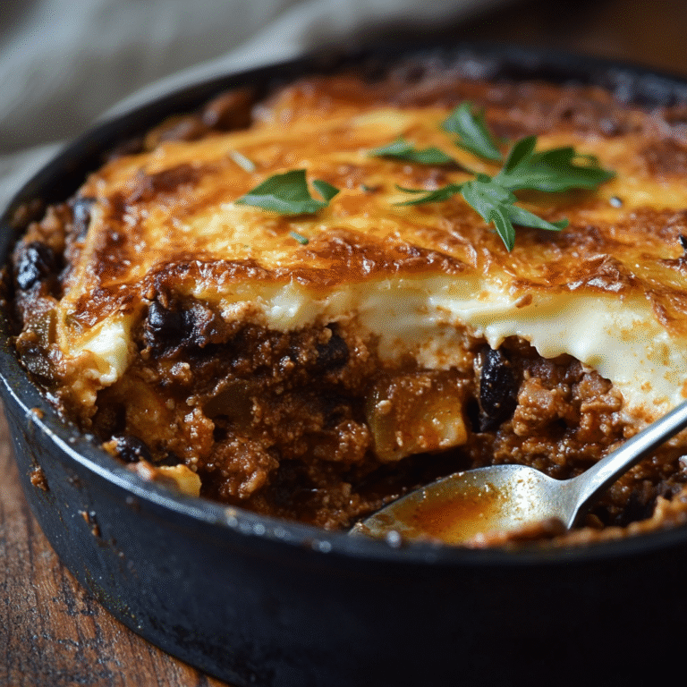 A slice of traditional Greek moussaka with eggplant, meat sauce, and creamy béchamel, served as a comforting homemade meal.1