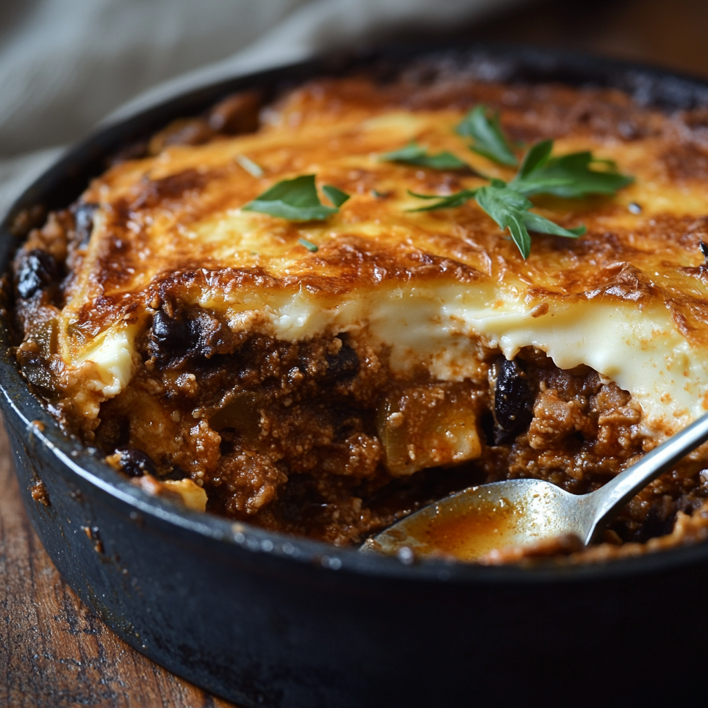 A slice of traditional Greek moussaka with eggplant, meat sauce, and creamy béchamel, served as a comforting homemade meal.1