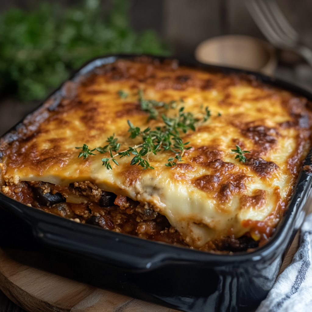 A slice of traditional Greek moussaka with eggplant, meat sauce, and creamy béchamel, served as a comforting homemade meal.2