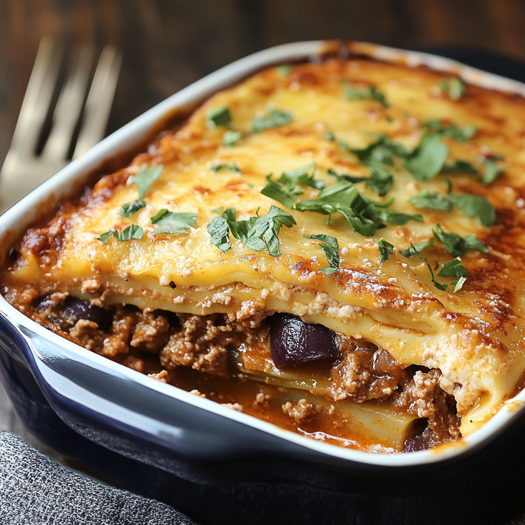 A slice of traditional Greek moussaka with eggplant, meat sauce, and creamy béchamel, served as a comforting homemade meal.3