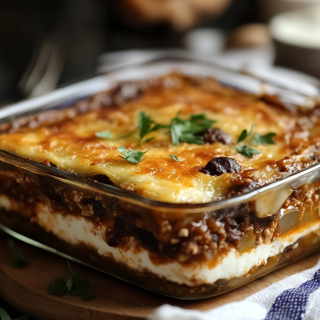 A slice of traditional Greek moussaka with eggplant, meat sauce, and creamy béchamel, served as a comforting homemade meal.4