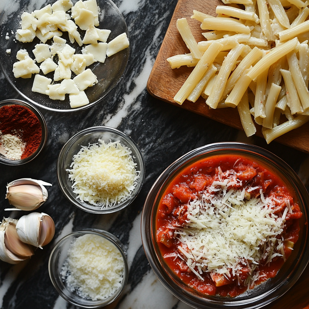 Freshly baked ziti in a casserole dish with golden melted cheese – classic baked ziti recipe2